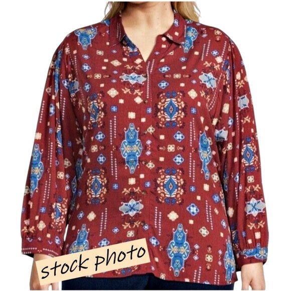 NEW Womens BOHO Tunic Blouse Shirt Top 3X Rust Button Long Sleeve Aztec Tribal - Picture 1 of 9